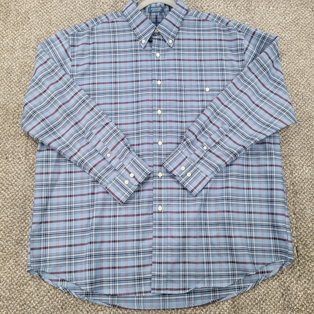 Towncraft Mens XL Blue Plaid Button Down Shirt Wrinkle Free Stain Release L/S